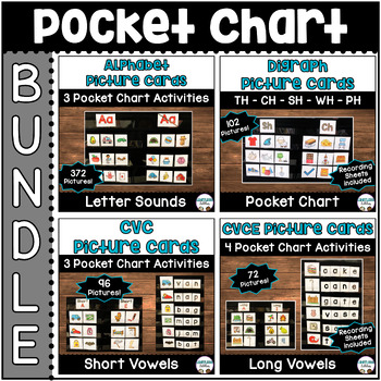Preview of Pocket Chart Picture Card Phonics BUNDLE | Letters, CVC, CVCE & Digraphs