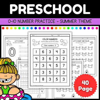 Preview of Pocket of Preschool : 0-10 Summer Number of the day Tracing Worksheets Preschool