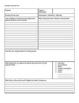 Podcast Proposal Form by redrdr03 Teachers Pay Teachers