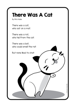 Poem 'There Was A Cat' + worksheets on rhyming words and word families.