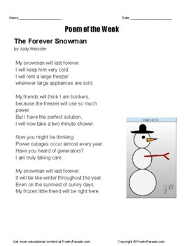 Poem of the Week called The Forever Snowman by Jody Weissler. +Questions