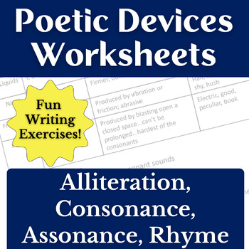 Preview of Poetic Devices Poetry Writing Worksheets - Alliteration, Assonance, Rhyme