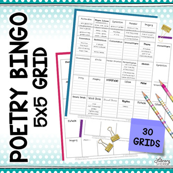 Preview of POETRY: 5x5 BINGO GRID for Reading, Writing, Analyzing Poems (30 Grids) Digital