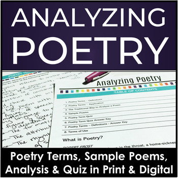 Preview of Poetry Analysis, Quiz, and Sample Poems, Analyzing Elements of Poetry w/ Terms