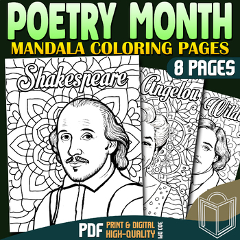 Preview of Poetry Authors Mandala Coloring Pages: Digital Resources for Classroom