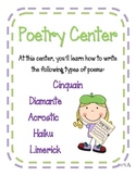 Poetry Center/Worksheets Diamante, Haiku, Cinquain, Limerick, Acrostic
