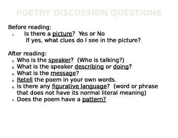 Preview of Poetry Comprehension Questions & Vocabulary