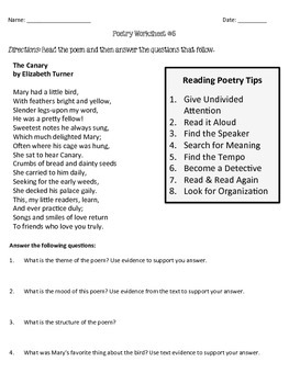 Poetry Comprehension Worksheets by Rigorous Resources by Lisa | TpT
