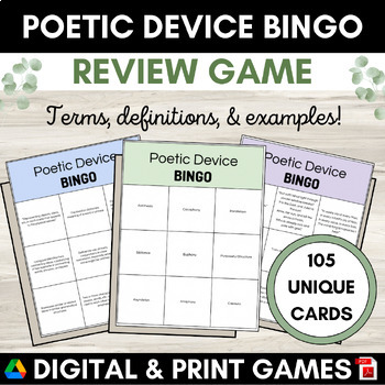 Preview of Poetry Device Bingo Review Game | Terms Elements | Vocab Definitions Examples