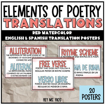 Preview of Poetry Elements English & Spanish Translation Posters | Red & Blue Watercolor