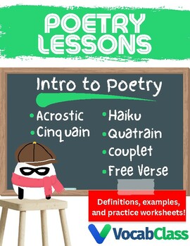 Preview of Poetry Lessons | Acrostic, Cinquain, Couplet, Quatrain, Haiku, Free Verse Poems
