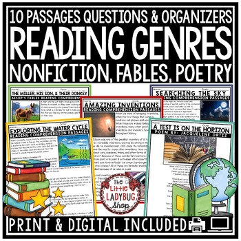 Preview of Fables Poetry Nonfiction Reading Comprehension Passages Questions 3rd 4th Grade