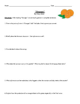Preview of Poetry: "Oranges" by Gary Soto: Worksheet or Test with Detailed Answer Key