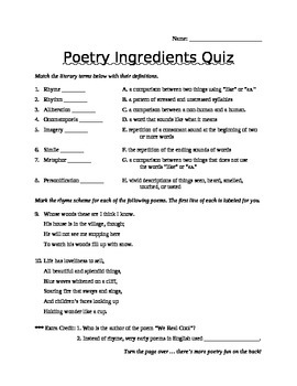 Preview of Poetry Quiz Assessment Study Sheet