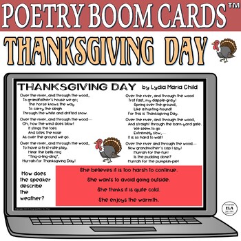 Preview of Boom Cards™ 4th Grade Poetry Comprehension Test Prep Thanksgiving Day Poem 3rd