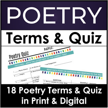 Preview of Elements of Poetry Quiz With Answer Key, Terms & Definitions, Use W/ Poetry Unit