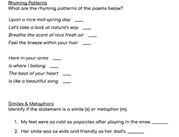 Preview of Poetry Quiz (rhyming, theme, and parts of a poem)