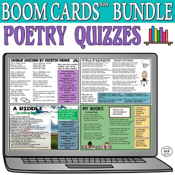 Preview of Poetry Quizzes Reading Comprehension Boom Cards™ Test Prep Poem Questions