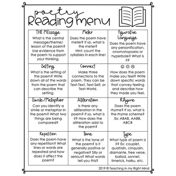 Poetry Reading Response Menu by Teaching in my Right Mind | TPT