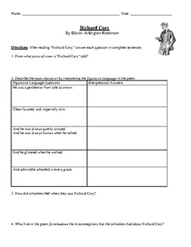 Preview of Poetry: "Richard Cory" Worksheet or Assessment with Detailed Answer Key