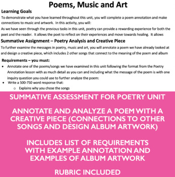 Preview of Poetry Summative Assessment- Poems, Music & Art- Indigenous connections-LESSON 5