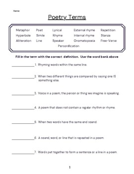 Poetry Terms; Assessment; Quiz; Practice Worksheet 