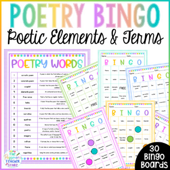 Preview of Poetry Terms Bingo Game | Poetic Elements and Vocabulary | 30 Randomized Boards