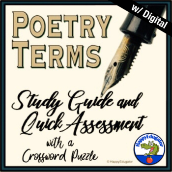 Preview of Poetry Terms Study Guide, Quiz, and Crossword Puzzle Digital and Print
