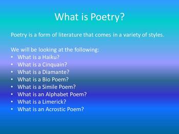 Preview of Poetry Unit 32 pages 8 types of poems