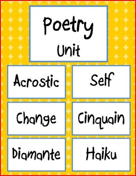 Preview of Poetry Unit - Acrostic, Self Poem, Change Poem,  Cinquain, Diamante, Haiku