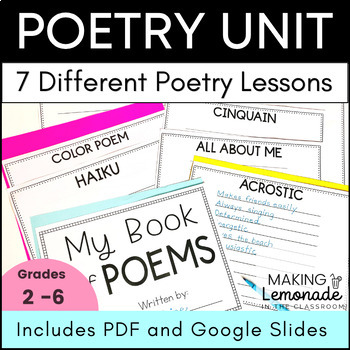 Preview of Poetry Writing Unit: Book of Poems, Cinquain, Haiku, Acrostic, Color Poem