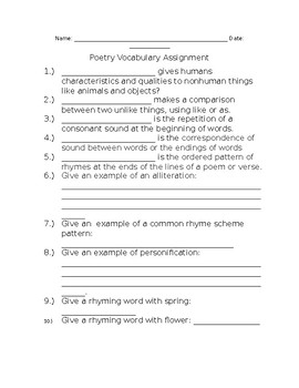 Poetry Vocabulary Assignment by Sarah Lucas | Teachers Pay Teachers