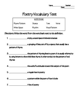Poetry Vocabulary Test (part 2) by Jennifer Neal | TPT