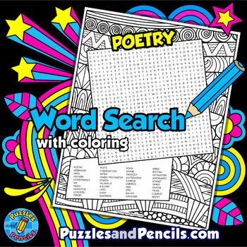 Preview of Poetry Word Search Puzzle Activity Page with Coloring | National Poetry Month