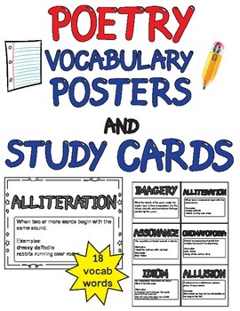 Preview of Poetry Word Wall Vocabulary (18 posters and study cards) Grades 3-6