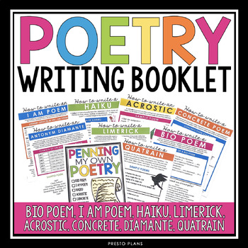 Preview of Poetry Writing Unit Booklet - Haiku, Acrostic, Limerick, Concrete, & More