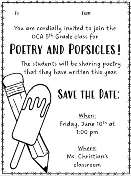 Preview of Poetry and Popsicles, Editable Parent Event Invite, Poetry Reading