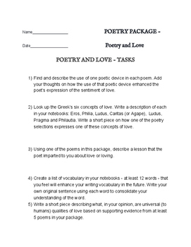Poetry of Love / Romance - Reading Package with 6 assignments - great poems
