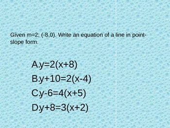 point slope form multiple choice questions
 Point-Slope Form Multiple Choice Quiz PowerPoint