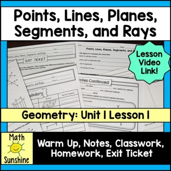 Preview of Points Lines Planes Segments Rays Lesson- Notes, Classwork, Homework, Video Link