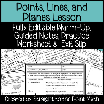 Preview of Points, Lines and Planes | Geometry | Warm Up | Notes | Practice | Exit Ticket
