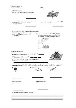 Preview of Points, Lines, and Planes Worksheet & Standards Quiz (Unit 1 - Section 1.1)