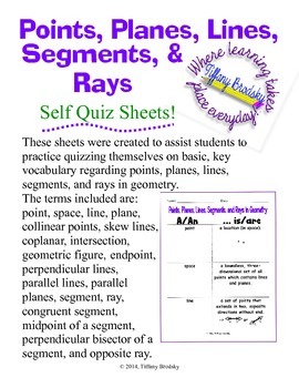 Preview of Points, Planes, Lines, Segments, and Rays Self Quiz Sheets for Geometry