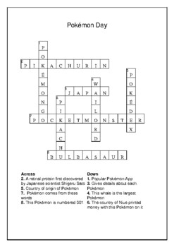 Pokémon Day - February 27th Crossword Puzzle Word Search Bell Ringer