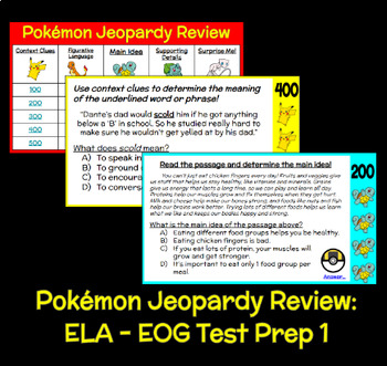 Preview of Pokémon Jeopardy- ELA - EOG Review Game 1 - 3rd Grade - Editable