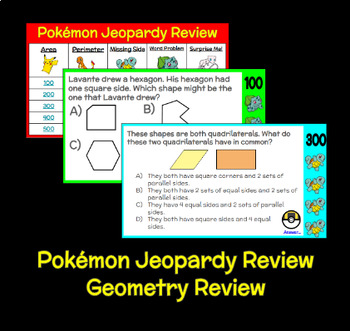 Preview of Pokémon Jeopardy - Geometry - EOY Review / End of Unit Review - Editable