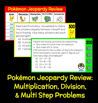 Preview of Pokémon Jeopardy- Multiplication, Division, & Multistep Word Problems-EOY Review