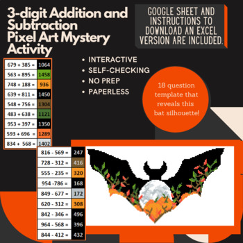 Preview of Pumpkin Bat 3-digit Addition and Subtraction Pixel Art Mystery Reveal