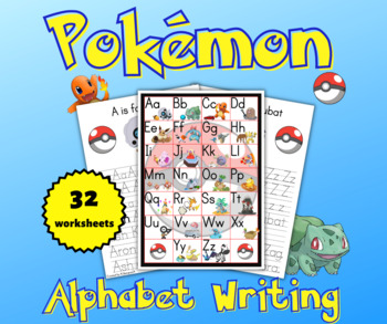 Preview of Pokémon Alphabet writing practice worksheets, Instant download, easy to print, d