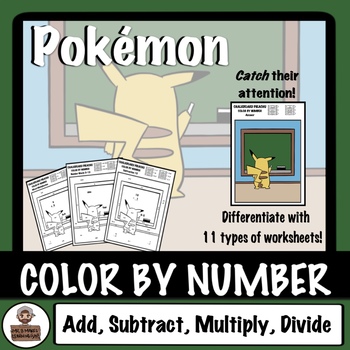 Preview of Pokémon Color By Number - Add, Subtract, Multiply, Divide - Chalkboard Pikachu